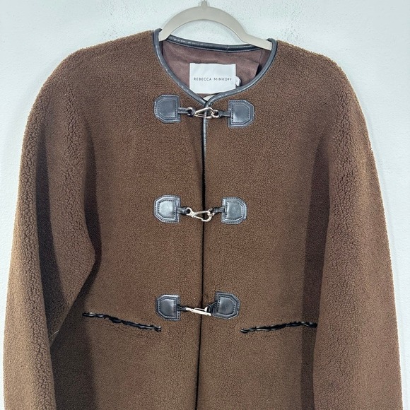 Rebecca Minkoff Shearling Toggle Jacket Brown Faux Suede Trim Quiet Luxury NWT - Picture 3 of 12